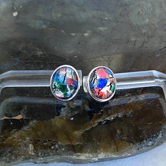 Sterling Silver 925 Dainty Oval Dichroic Glass Cabochon Stud Earrings - Picture 6 of 16